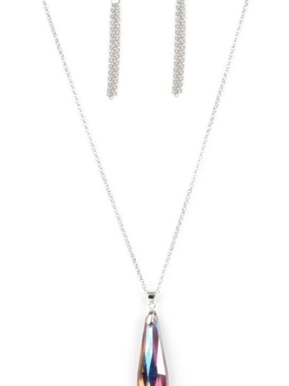 Iridescent Teardrop Pendant Necklace and Earring Set - Silver Tone